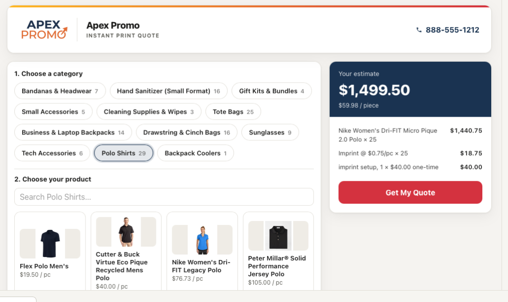 QuotePath instant-quote configurator popping up on a promo dealer's website — customer picks a product and sees a live price