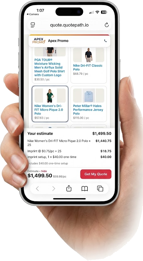 QuotePath configurator on mobile with a live estimate and Get My Quote button